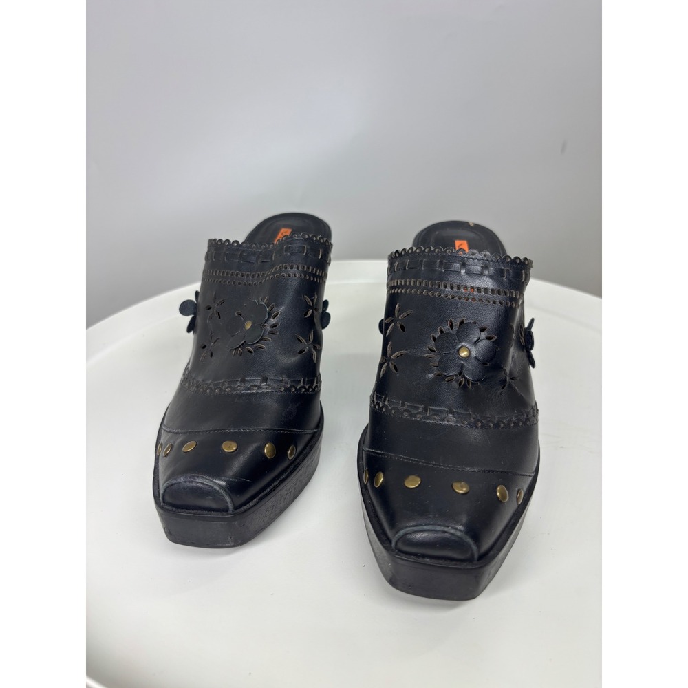 Via Spiga Black Leather Floral Cutout Platform Clogs Mules Studded Square Toe 7